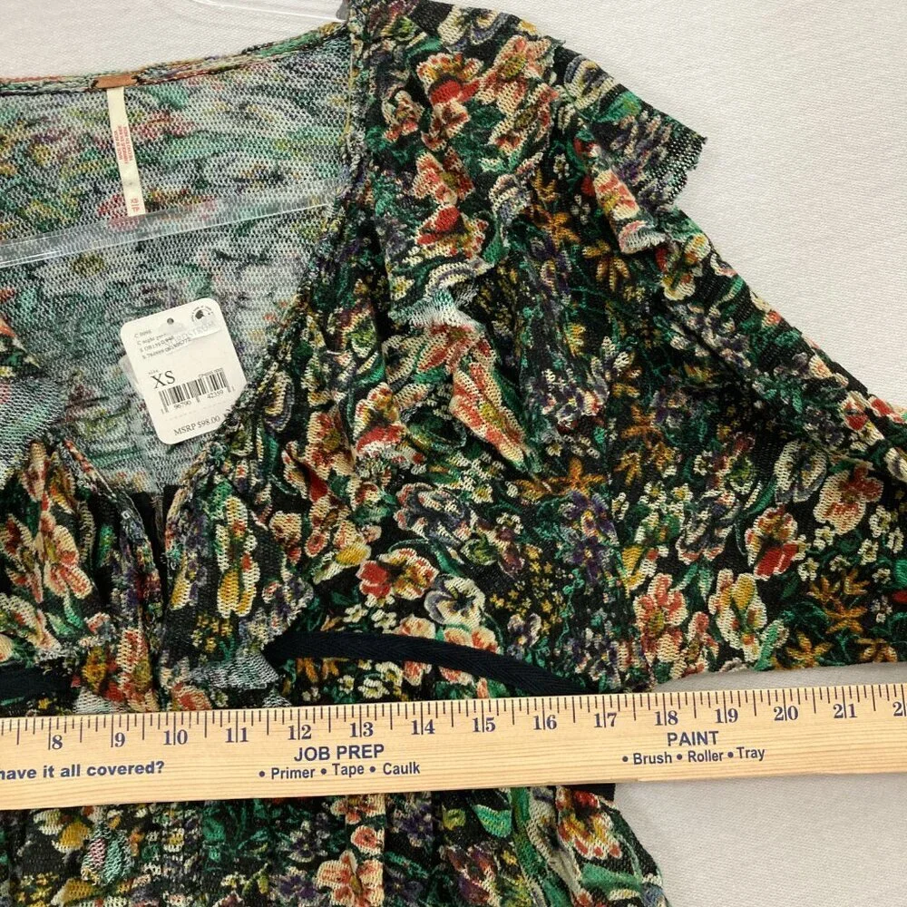 New Free People Green Multi Floral‎ Boho Rudi Ruffle Top XS Festival Whimsical